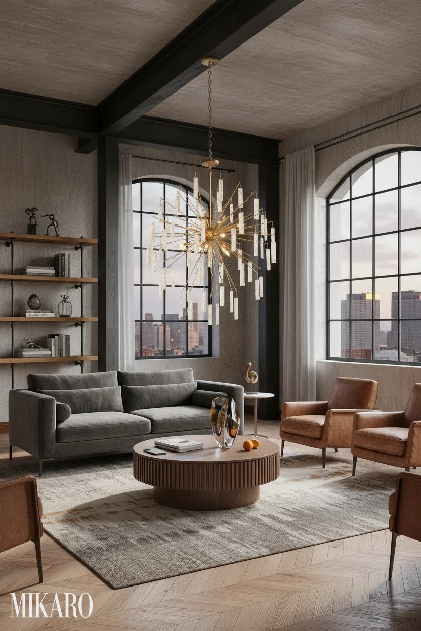 Neo-Industrial Loft Living Room: Round Coffee Table, Gold Chandelier & Modern Vase