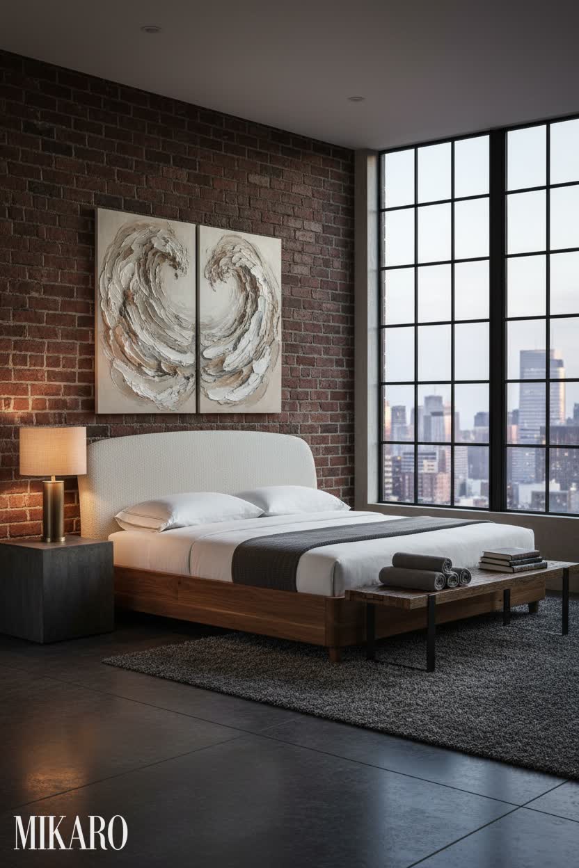 Neo-Industrial Master Bedroom: King Bed, Brass Lamp & Abstract Art Decor Ideas