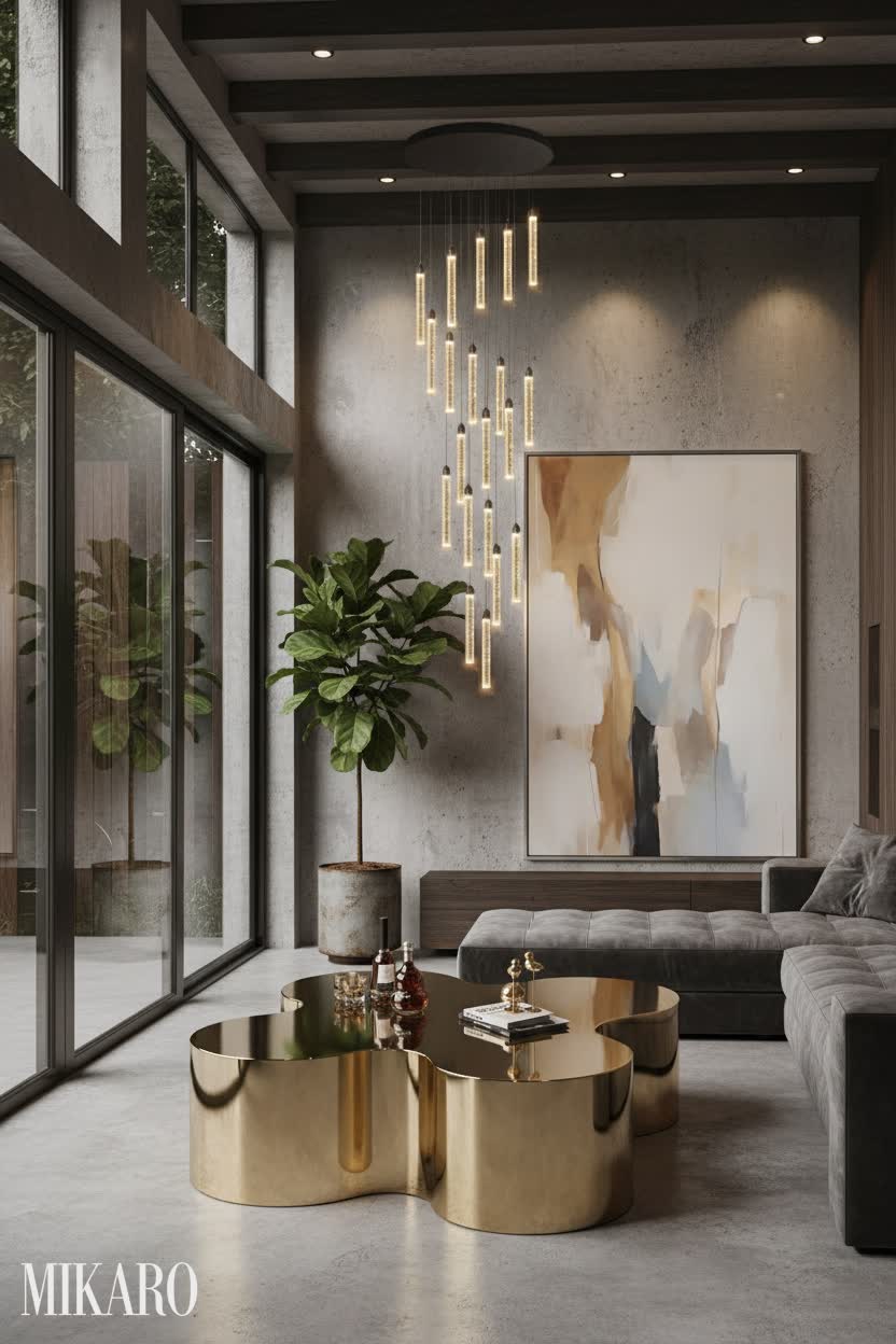 Neo-Industrial: Modern Lanai Oasis with Gold Accents and Dramatic Lighting