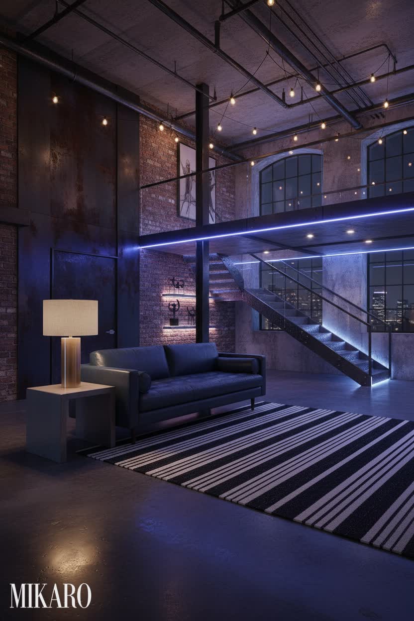 Neo-Industrial: Urban Basement Loft with Neon Glow