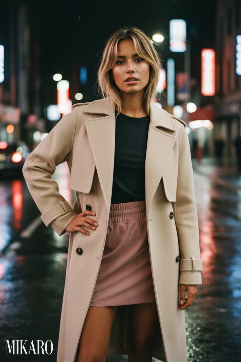 Night City Chic: Trench Coat & Skirt Combo