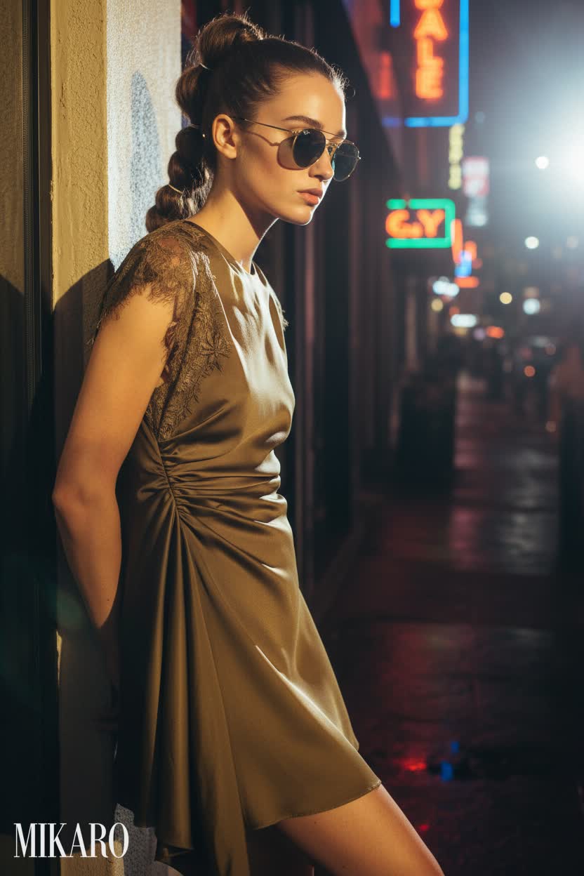 Night City Glamour: Ruched Mini Dress & Double Bridge Sunglasses