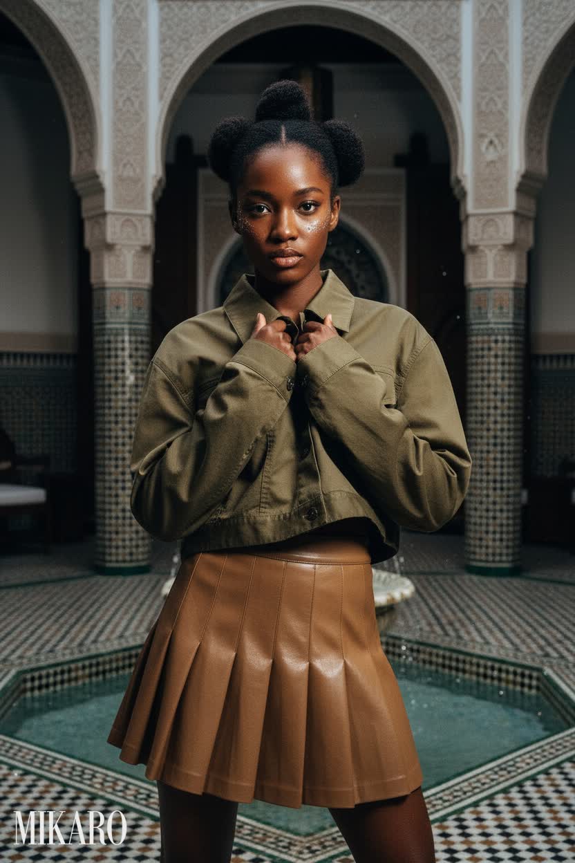 Olive Green Jacket & Pleated Vegan Leather Skirt Ensemble