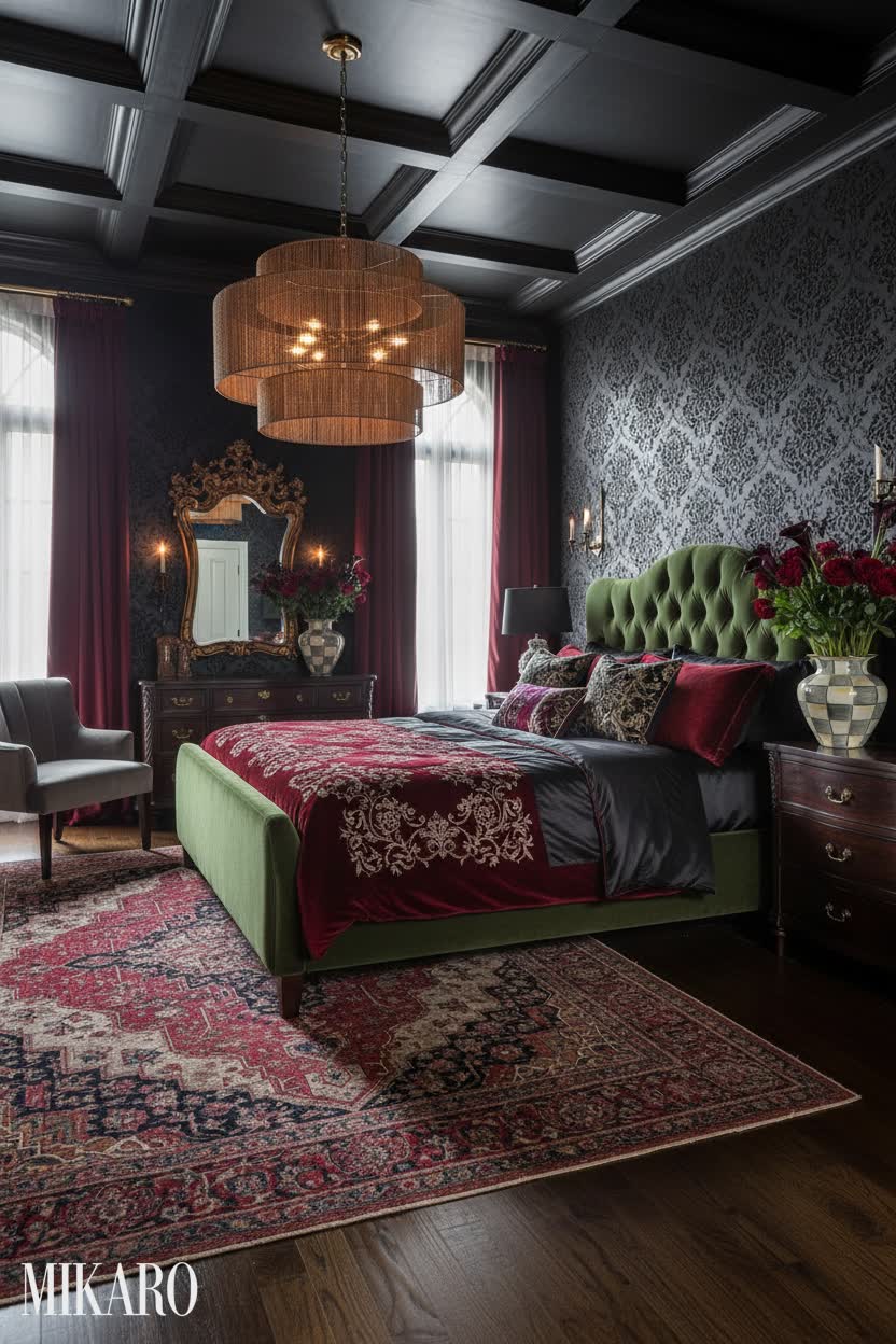 Opulent Gothic Bedroom: Velvet Bed, Mackenzie-Childs Vase, Rattan Chandelier