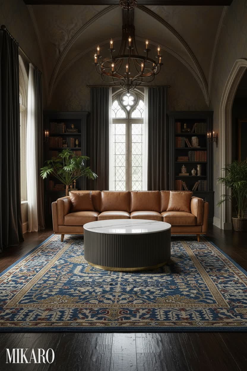 Opulent Gothic Living Room Decor: Safavieh Rug, Valencia Leather Sofa, Marble Coffee Table