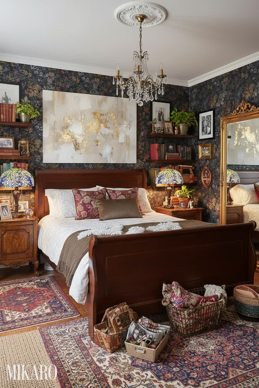 Opulent Maximalist Bedroom: Cherry Sleigh Bed, Boho Art & Tiffany Lamp Dream Retreat