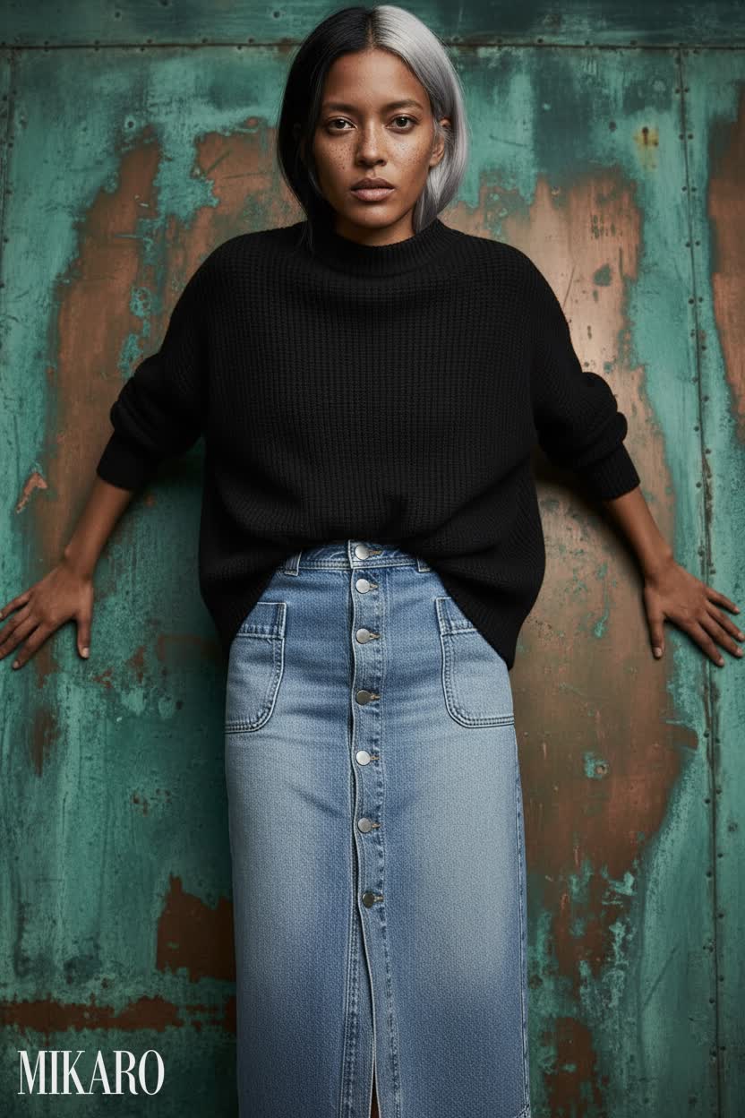 Oversized Black Sweater & Denim Midi Skirt Ensemble