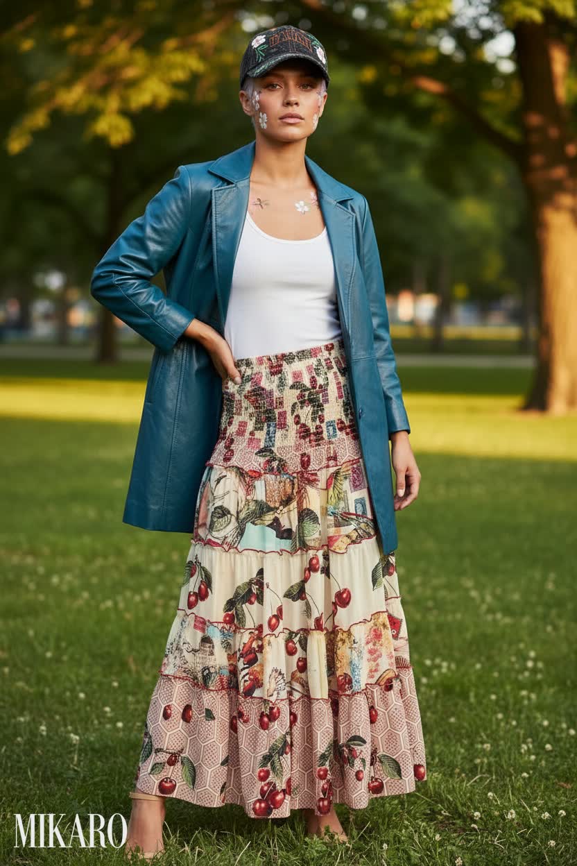 Park Chic: Floral Skirt and Leather Coat Ensemble