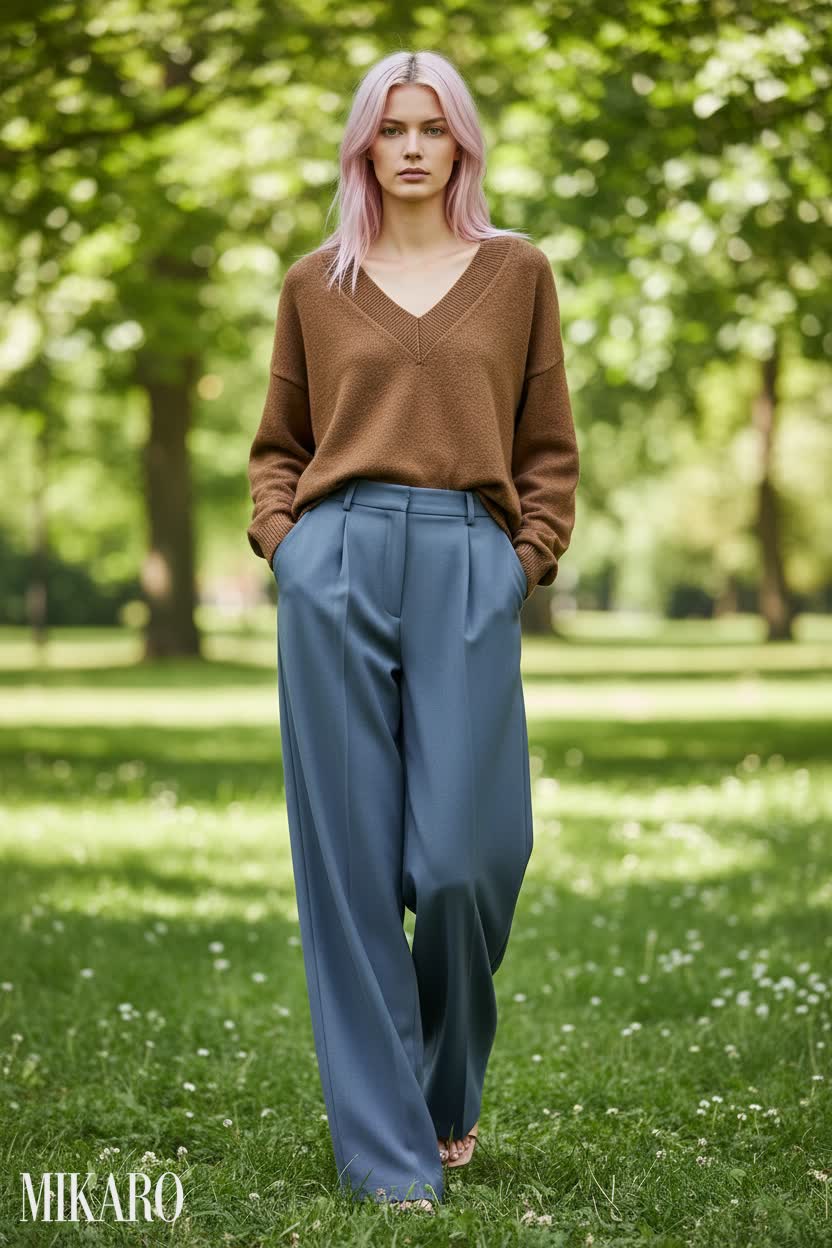 Model in grey wide leg trousers and brown V-neck sweater