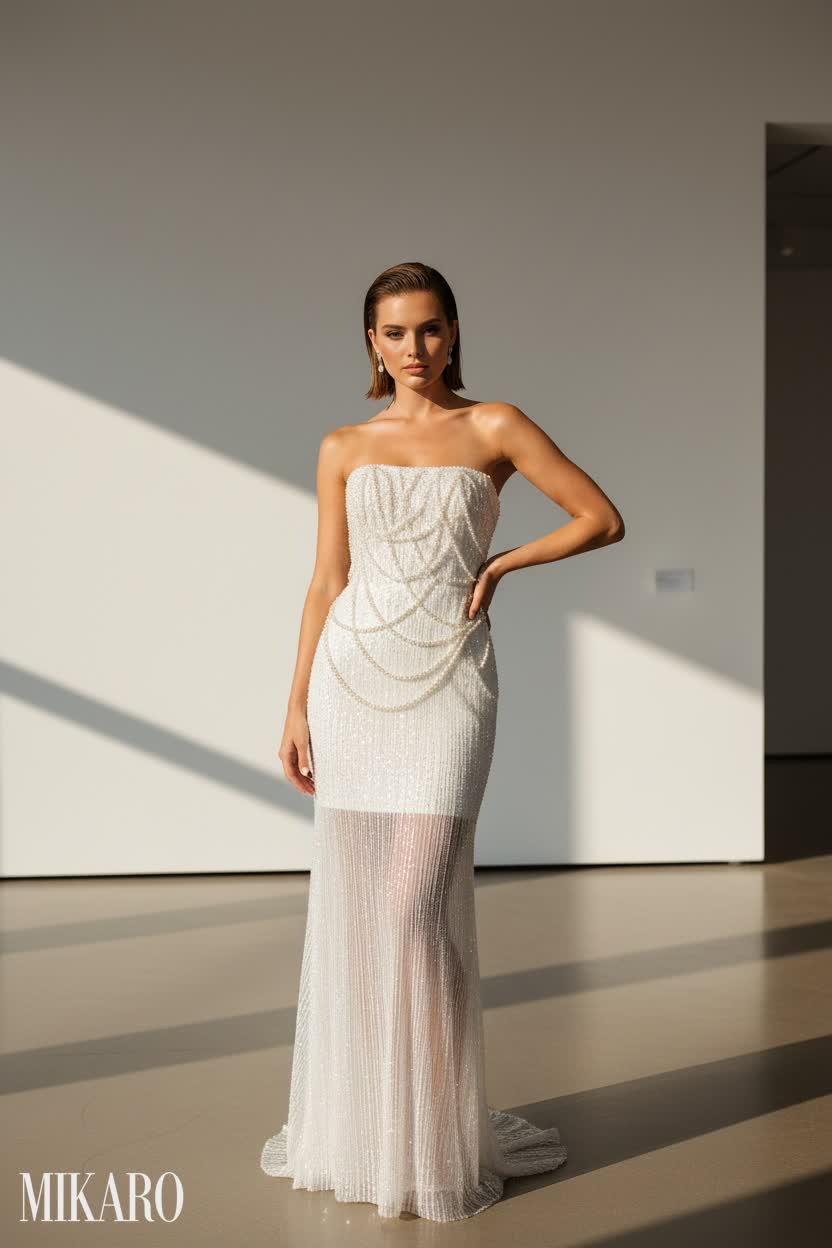 Pearl-Beaded Sequin Strapless Gown