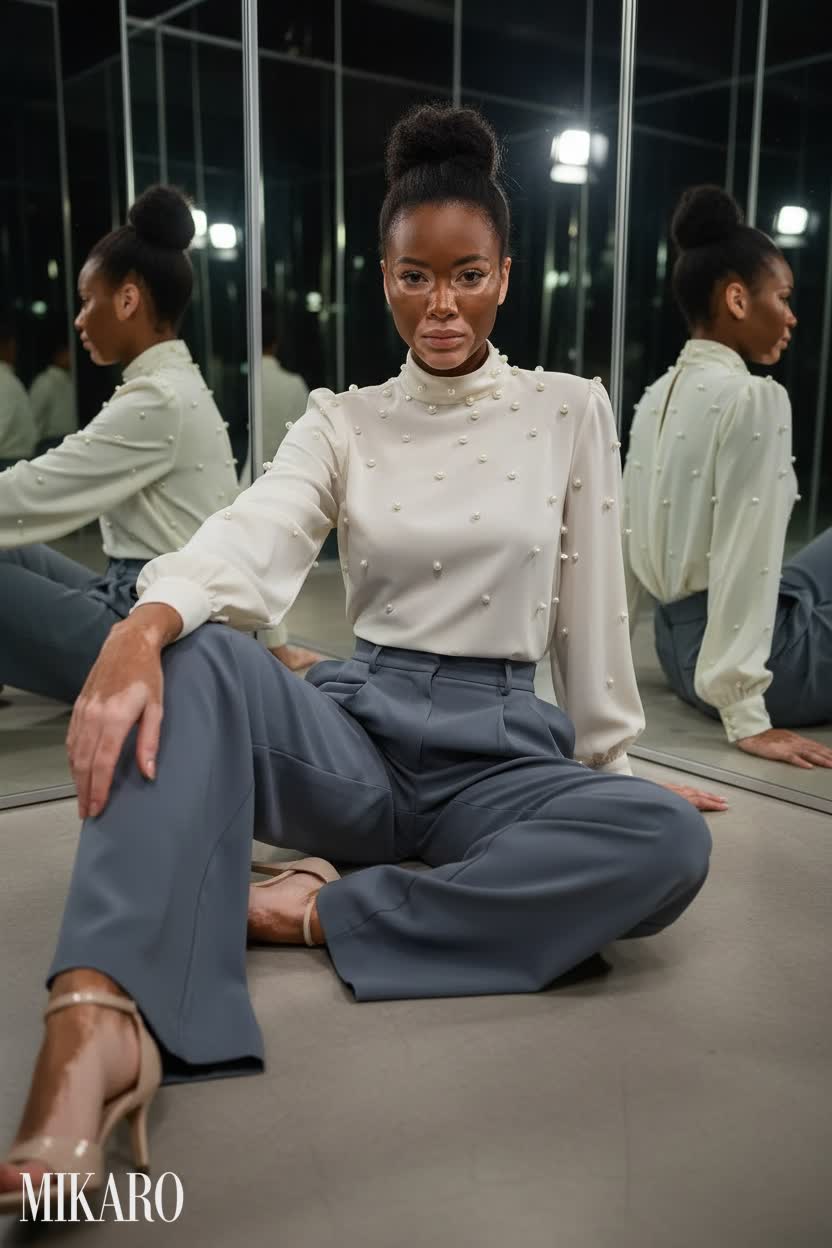 Pearl Embellished Blouse & Wide-Leg Trousers