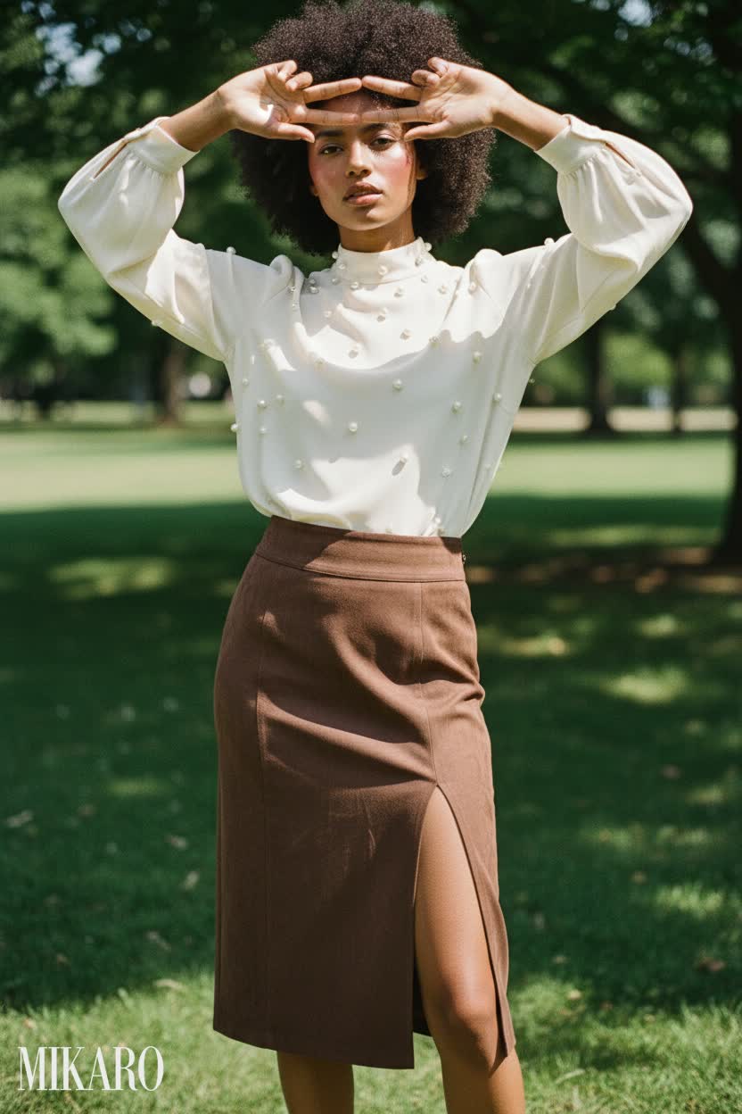 Pearl-Embellished Blouse with Suede Midi Skirt