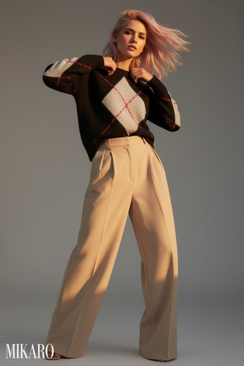 Pink-Haired Italian Model in Argyle Sweater and Wide-Leg Trousers