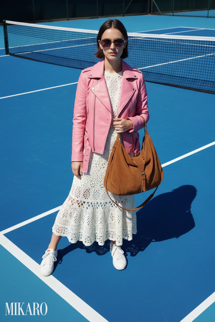 Pink Jacket and White Dress on a Tennis Court