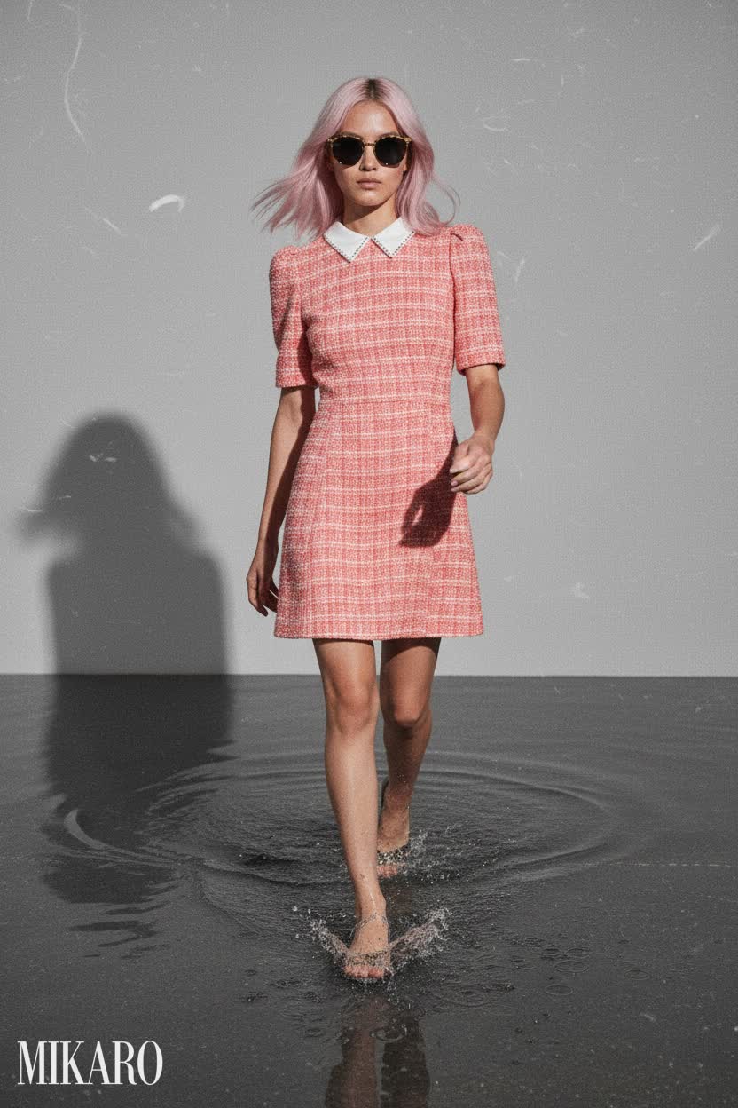 Pink Tweed Dress with Black Round Sunglasses