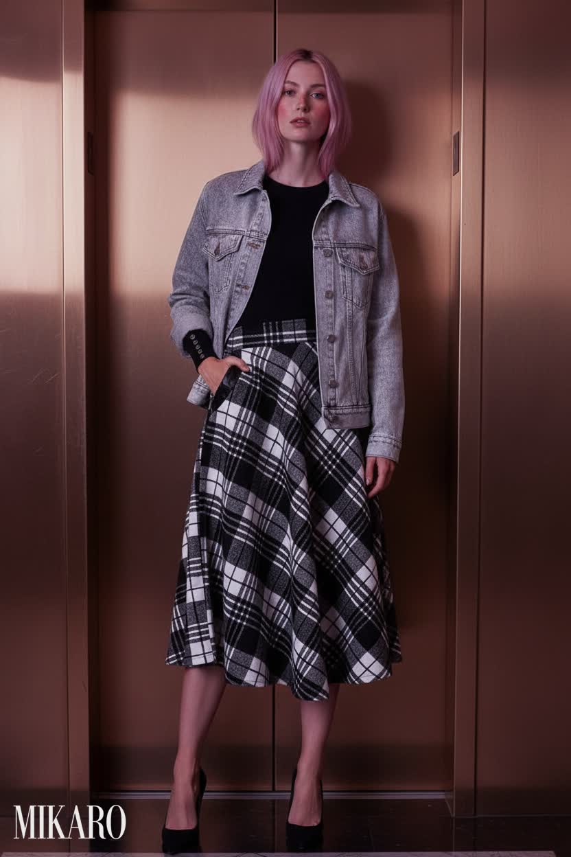 Plaid Skirt & Silver Shacket Ensemble