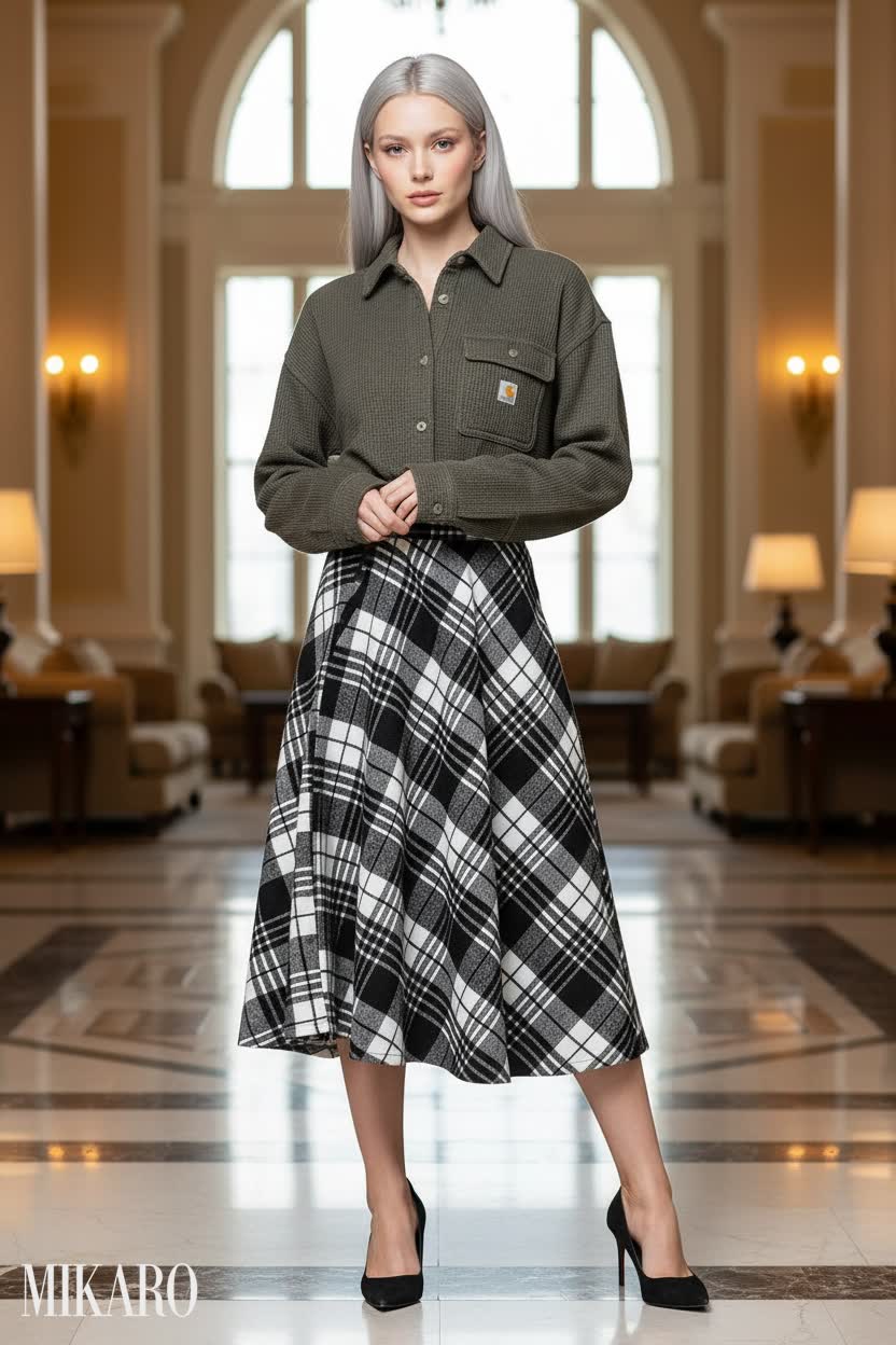 Plaid Skirt & Waffle Knit Shirt Ensemble