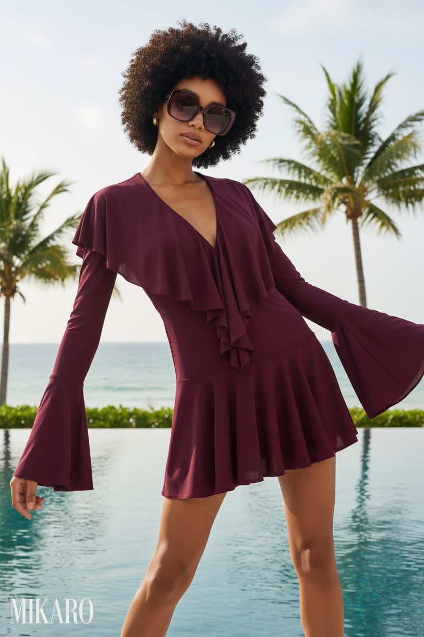 Plum Ruffle Mini Dress & Bordeaux Sunglasses Ensemble