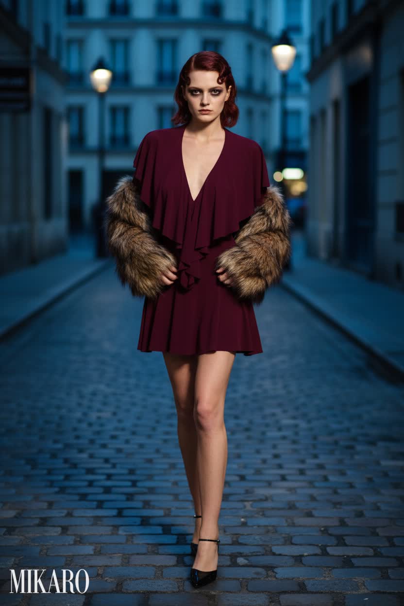 Plum Ruffle Mini Dress with Faux Fur Jacket