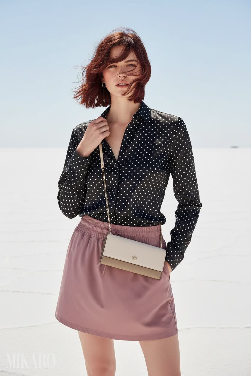 Polka Dot Blouse & Casual Skirt Ensemble