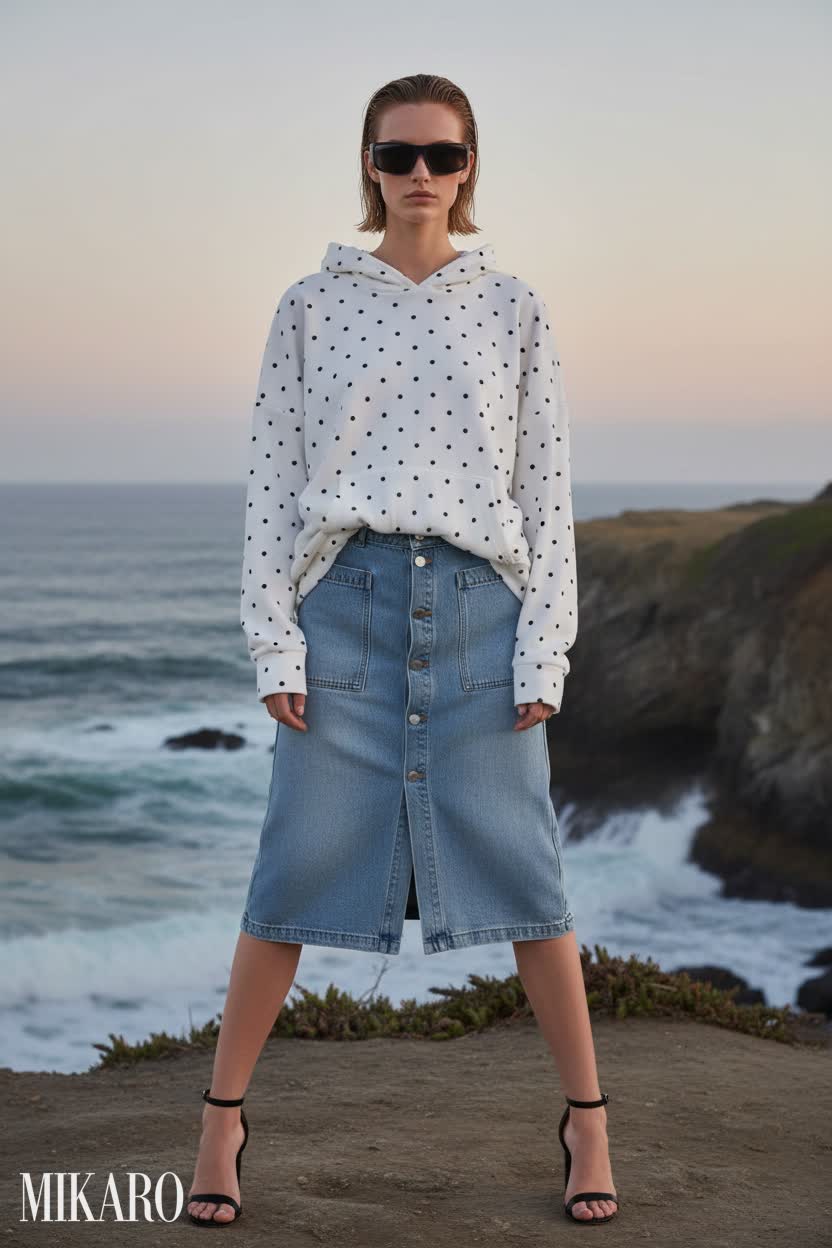 Polka Dot Hoodie & Denim Midi Skirt Ensemble