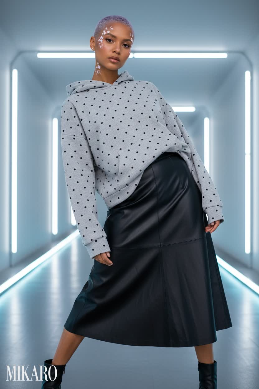 Polka Dot Hoodie & Vegan Leather Skirt Ensemble