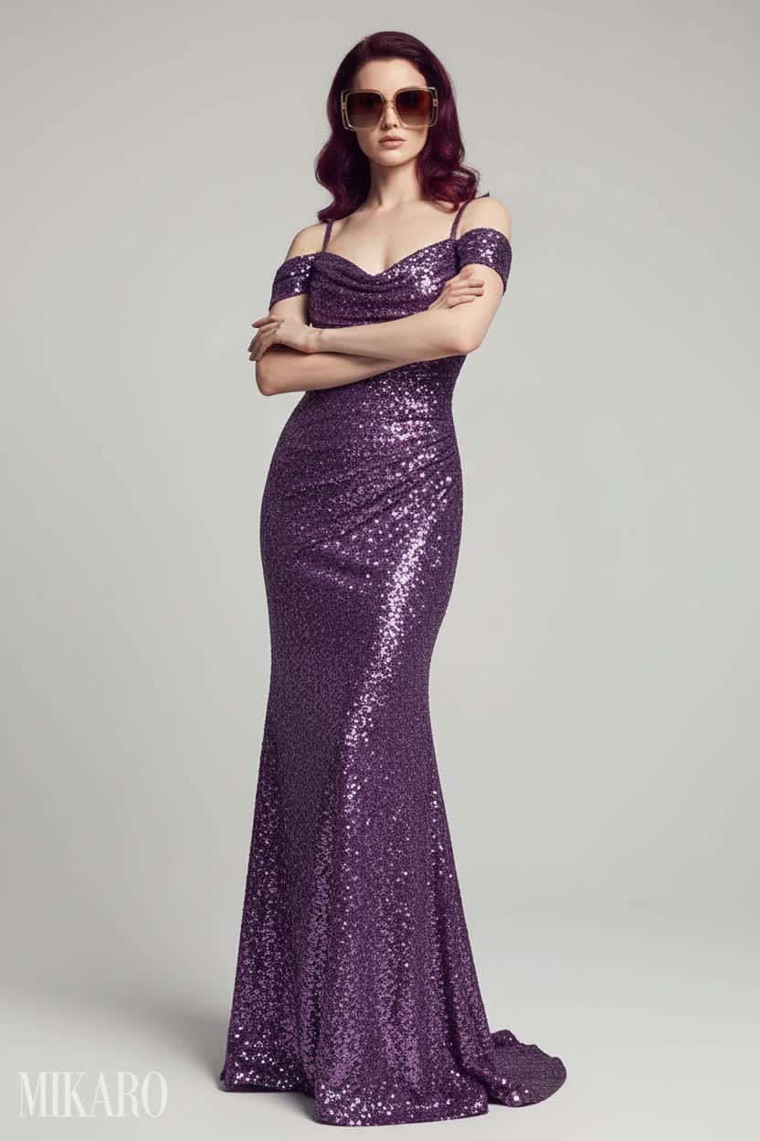 Purple Sequin Gown with Oversized Sunglasses