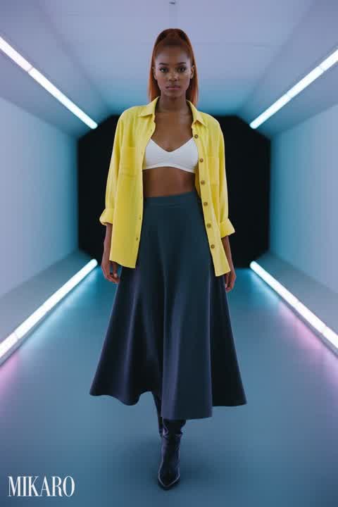 Radiant Yellow Shirt and Gray Midi Skirt Ensemble