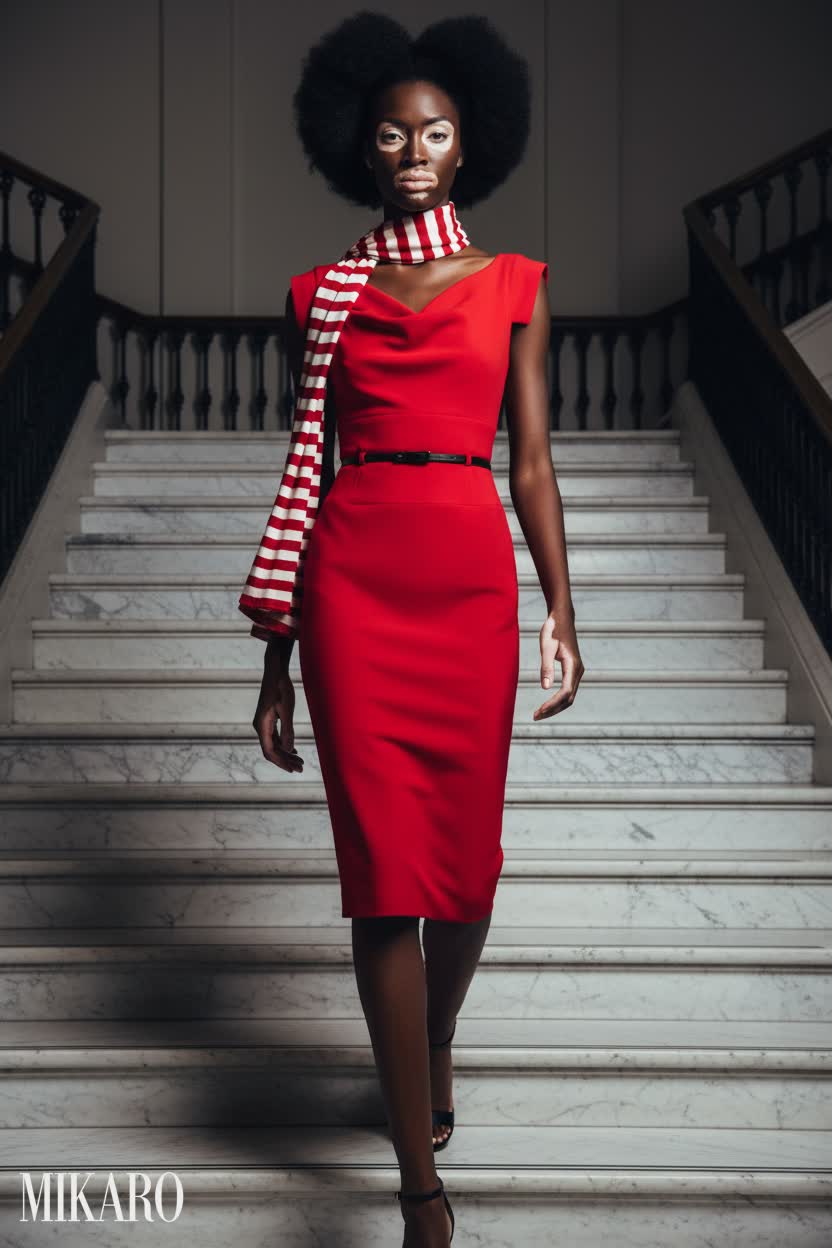 Red Dress with Striped Scarf
