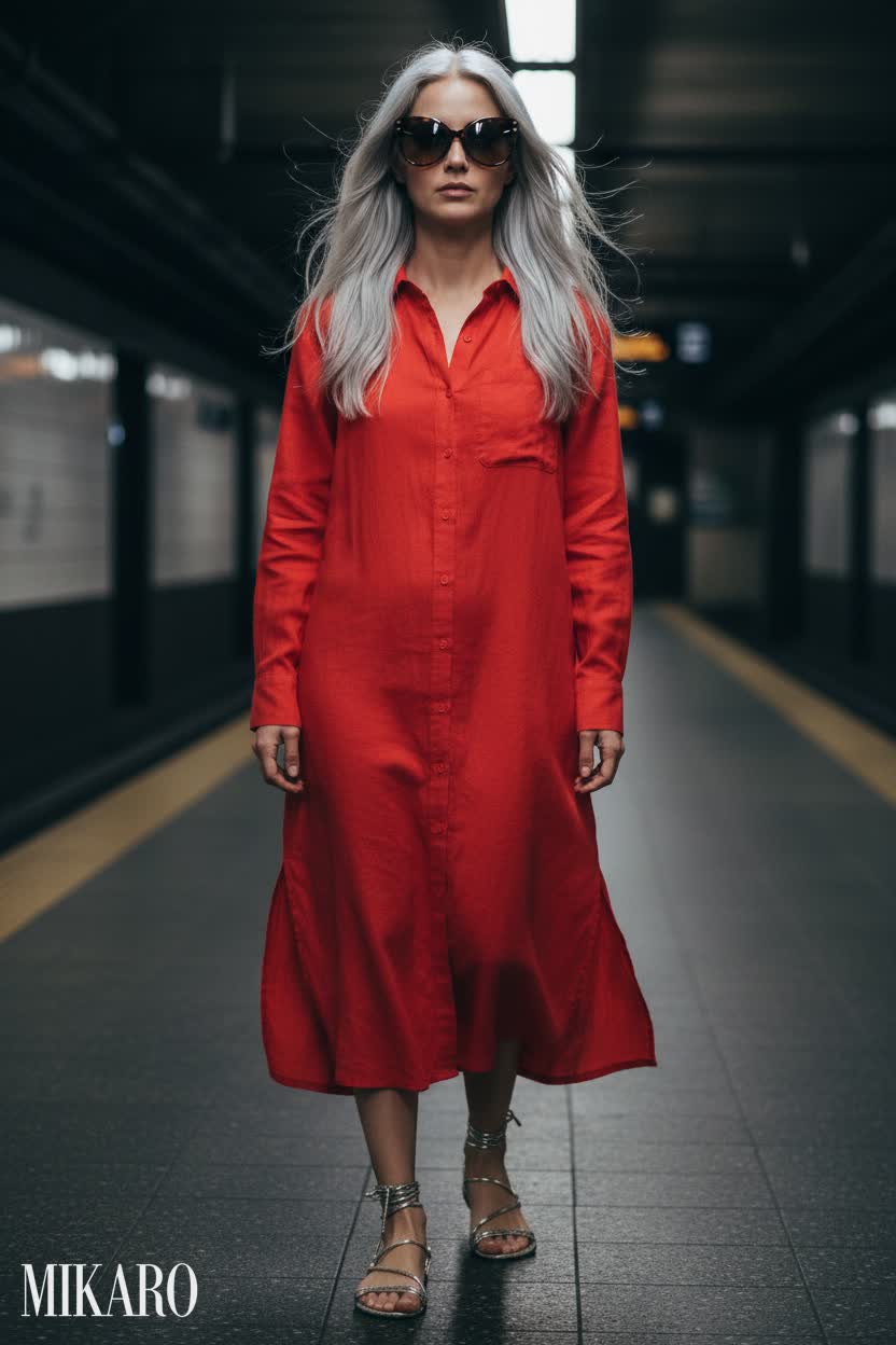 Red Linen Shirt Dress with Tortoise Sunglasses
