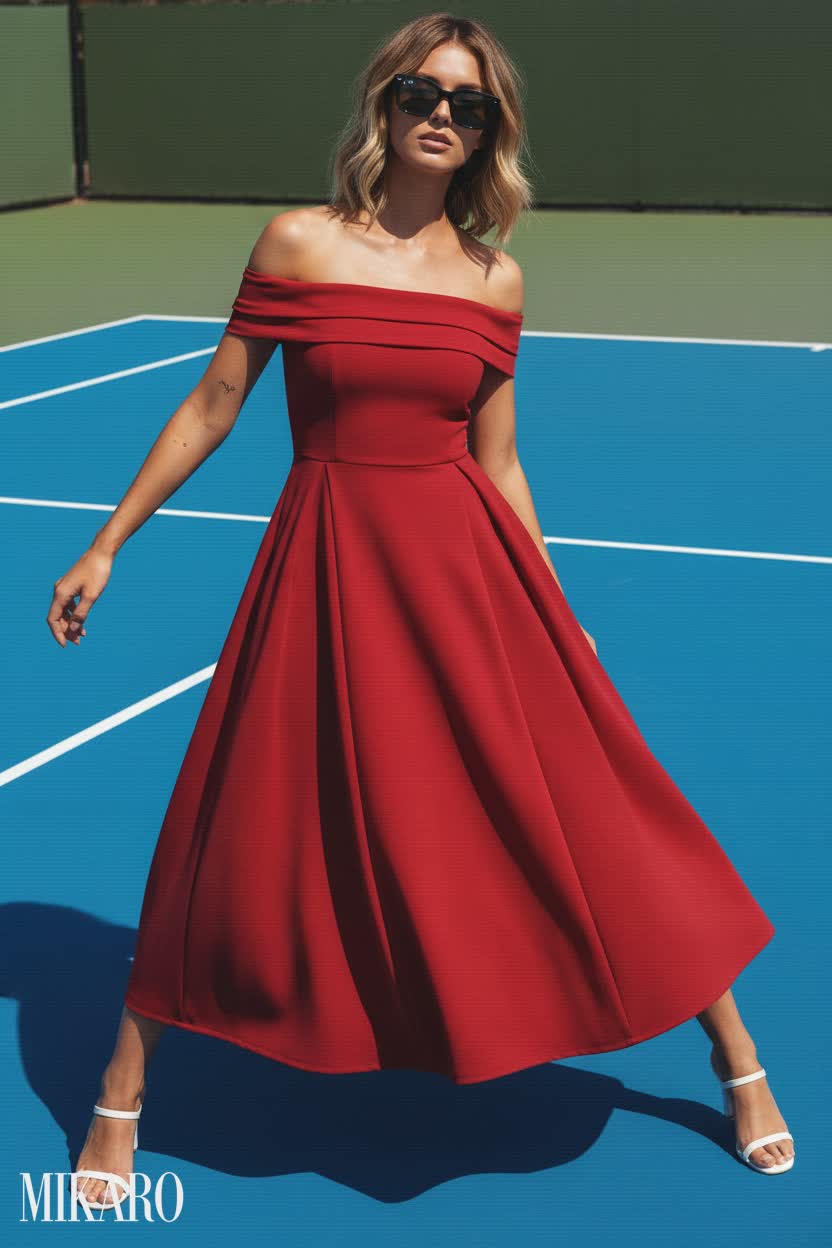 Red Midi Dress with Black Pillow Sunglasses on Blue Tennis Court