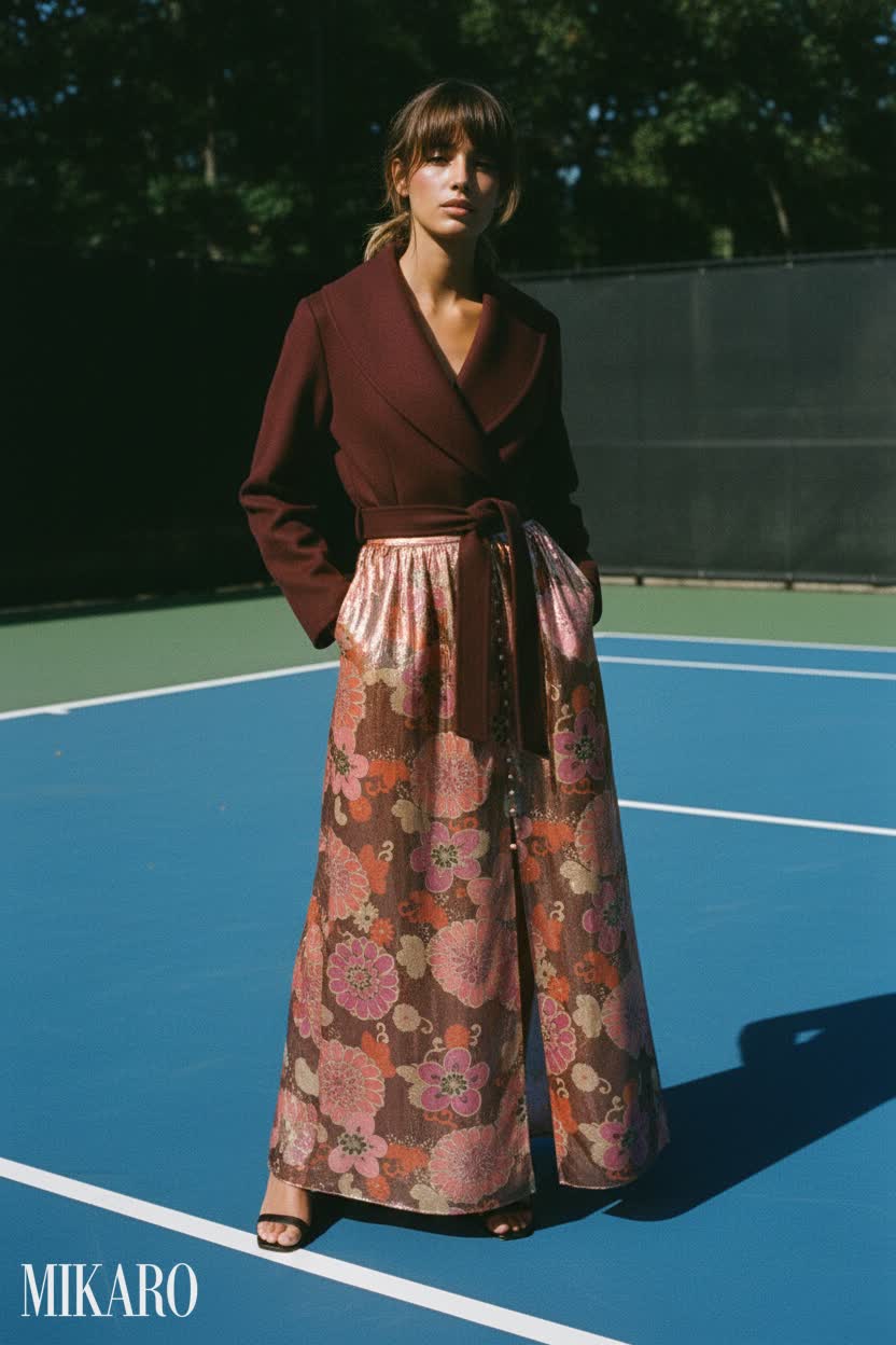 Red Multi Metallic Silk Maxi Skirt with Bordeaux Coat