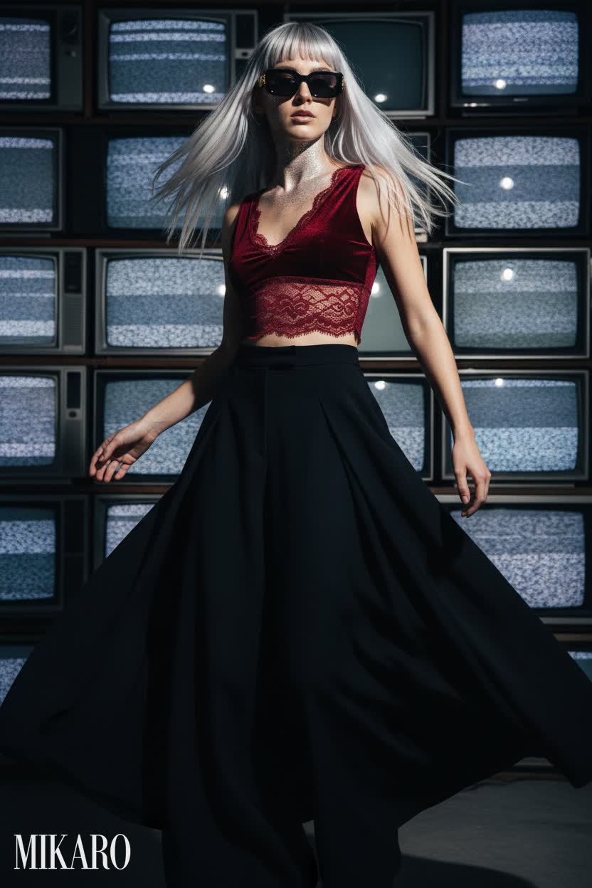 Red Velvet Crop Top & Wide-Leg Trousers Ensemble