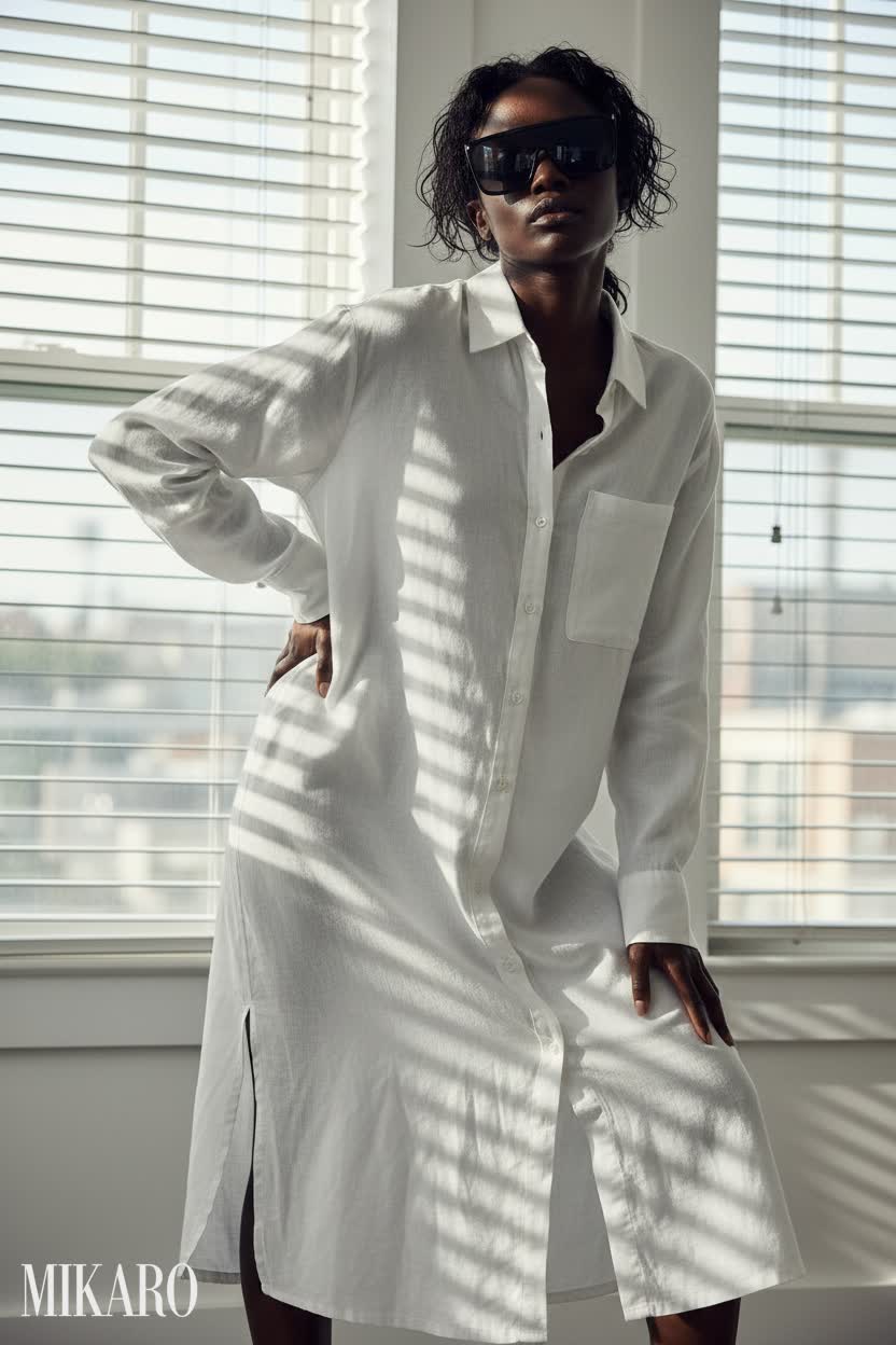 Relaxed Linen Shirt Dress with Mask Sunglasses