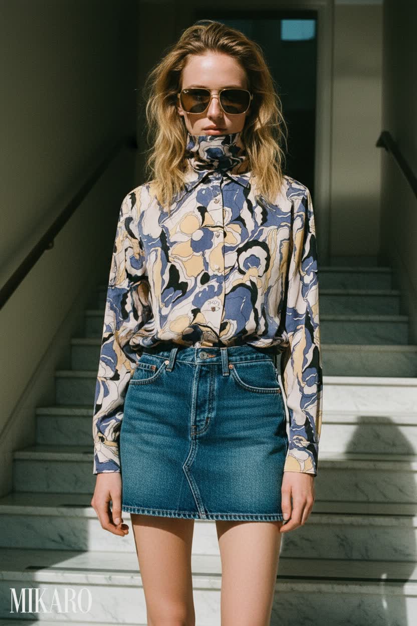 Retro Abstract Blouse & Denim Mini Skirt Ensemble