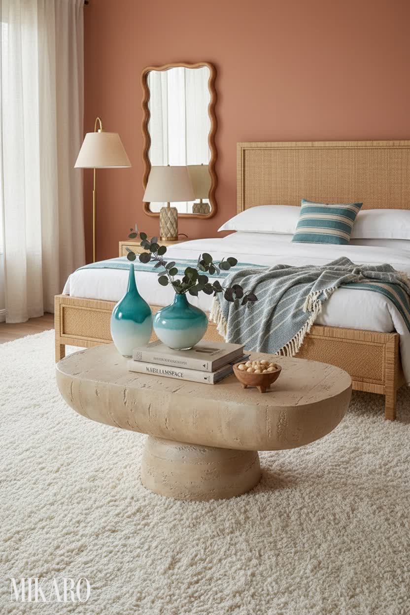 Retro Bedroom Oasis: Mid-Century Modern Design with Rattan Bed & Teal Accents