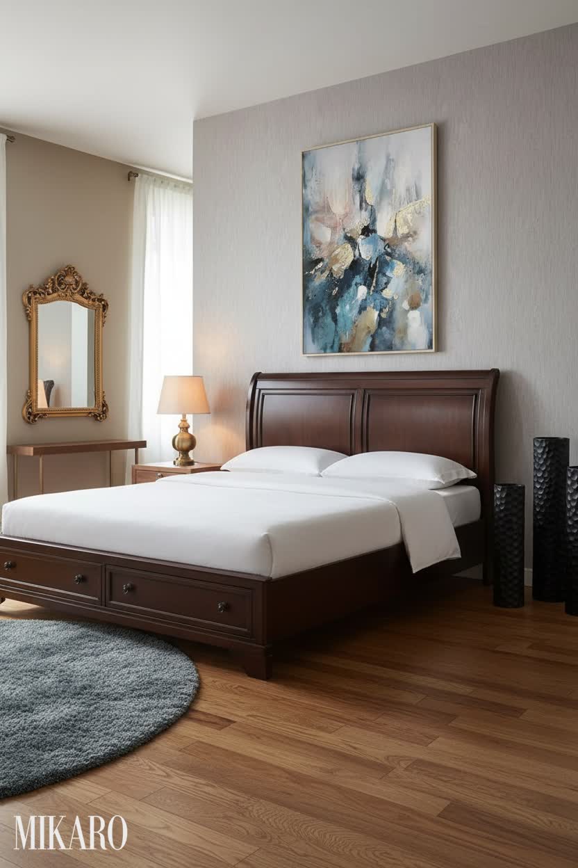 Retro Bedroom Oasis: Sleigh Storage Bed, Abstract Art & Black Floor Vases