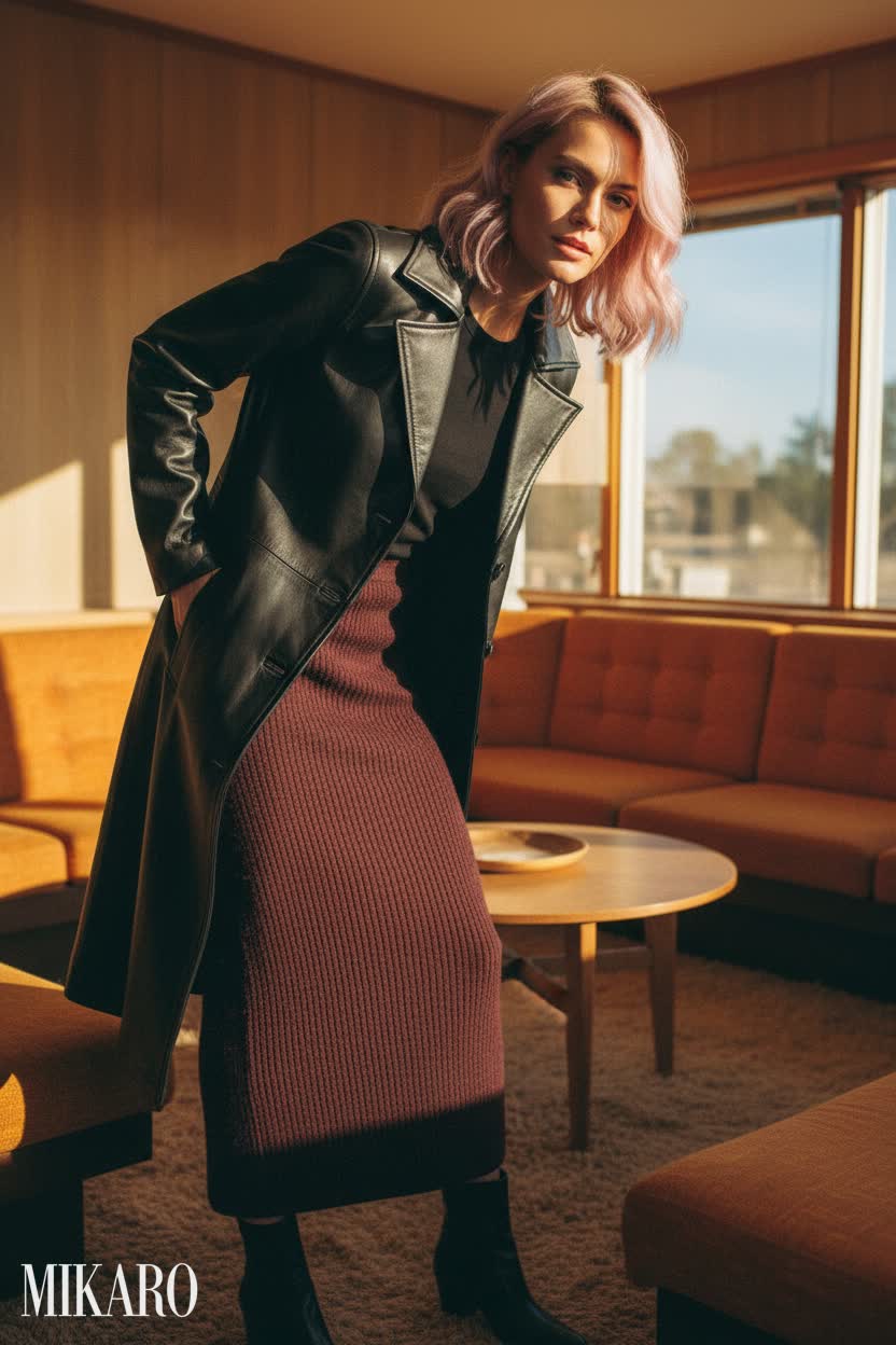 Retro Chic: Leather Coat & Ribbed Skirt Ensemble