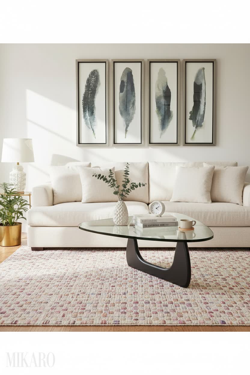 Retro Chic Living Room: Geometric Rug, Modern Coffee Table & Feathered Wall Art Decor