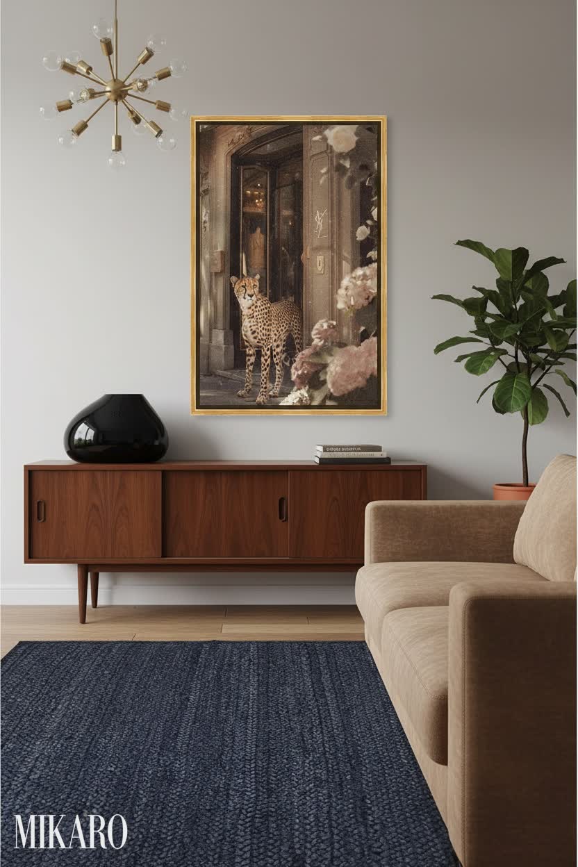 Retro Chic Living Room: Mid-Century Modern Decor with Cheetah Art & Jute Rug