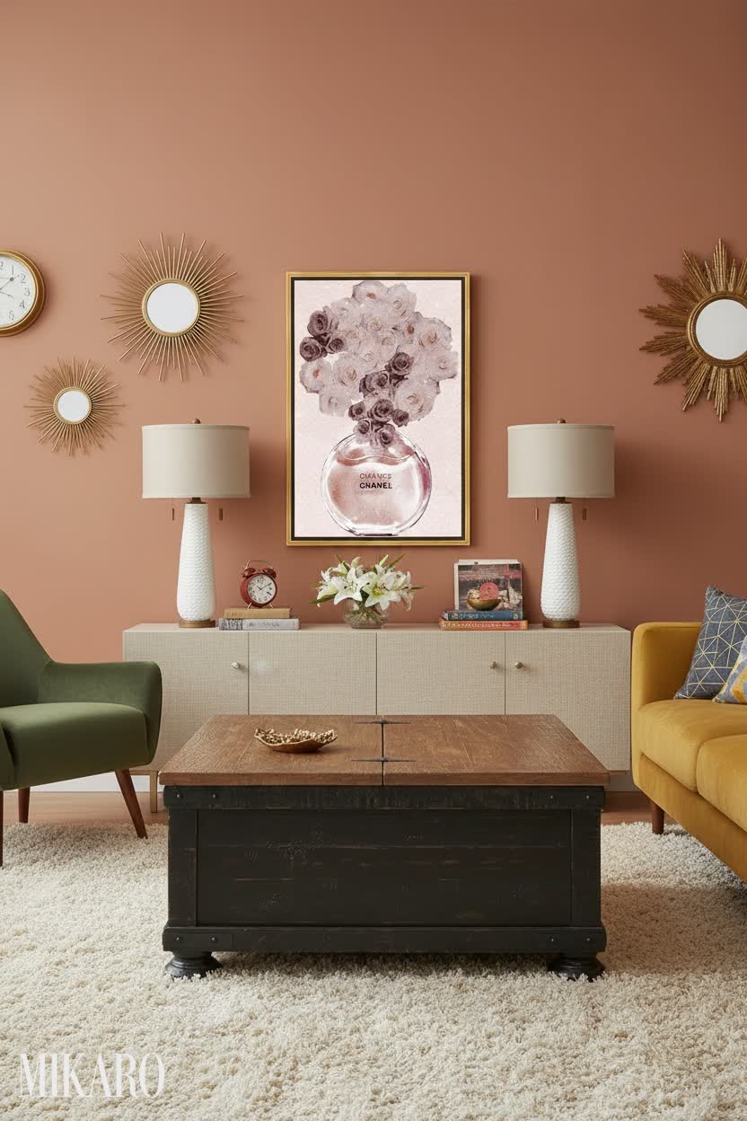 Retro Chic Living Room: Mid-Century Modern Lamps, Art & Storage Coffee Table
