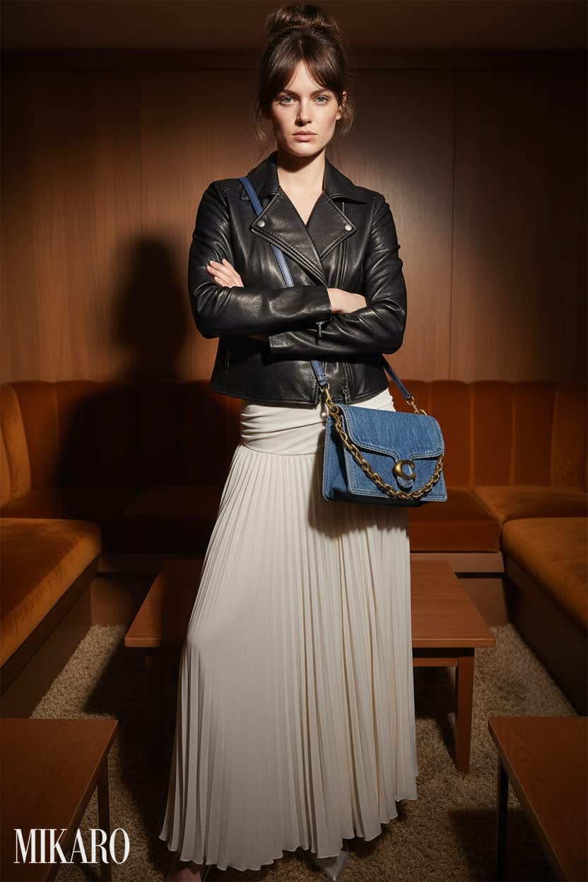 Retro Elegance: Denim Bag, Leather Jacket & Pleated Skirt