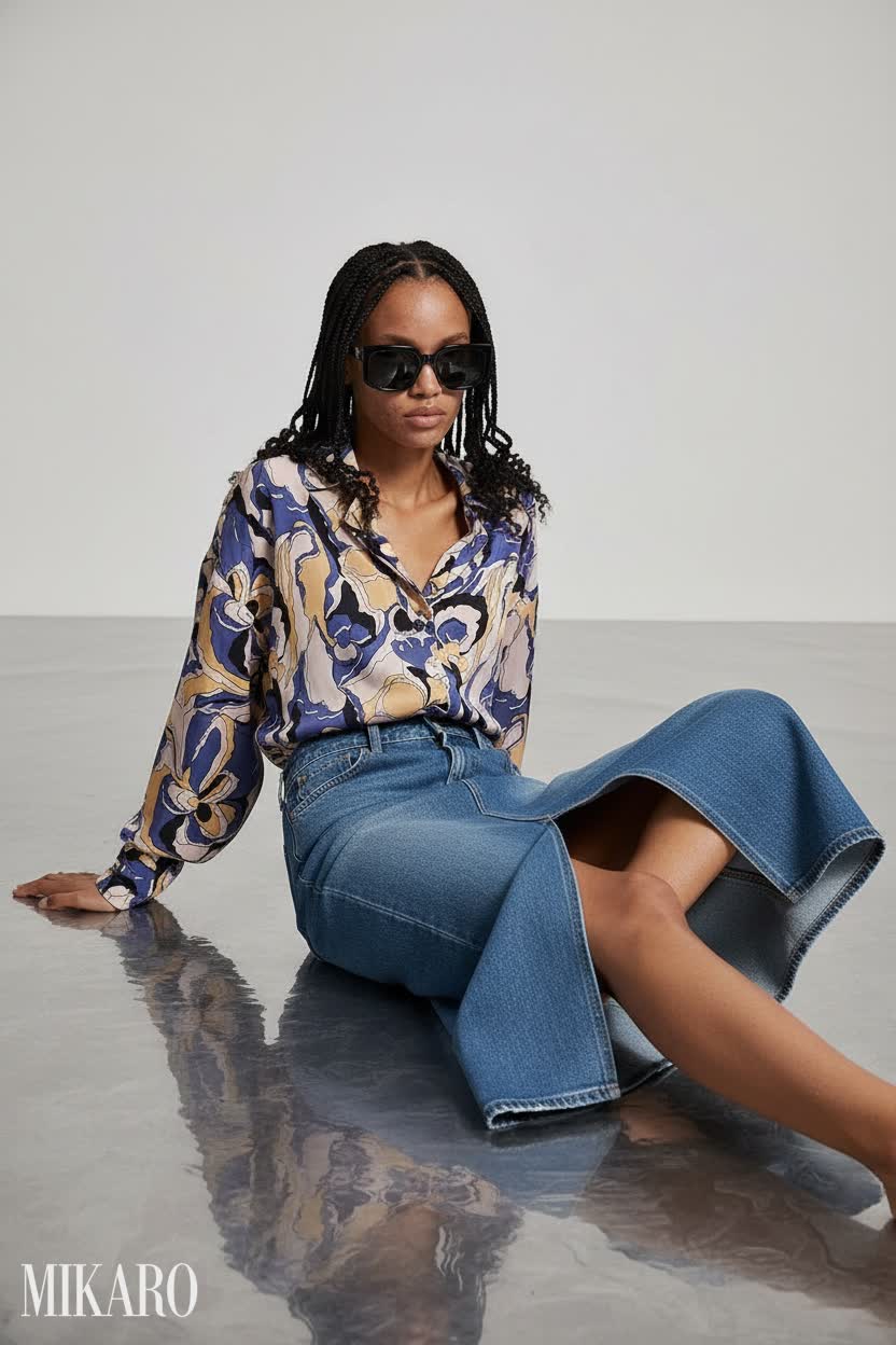 Retro Floral and Denim Midi Skirt Ensemble