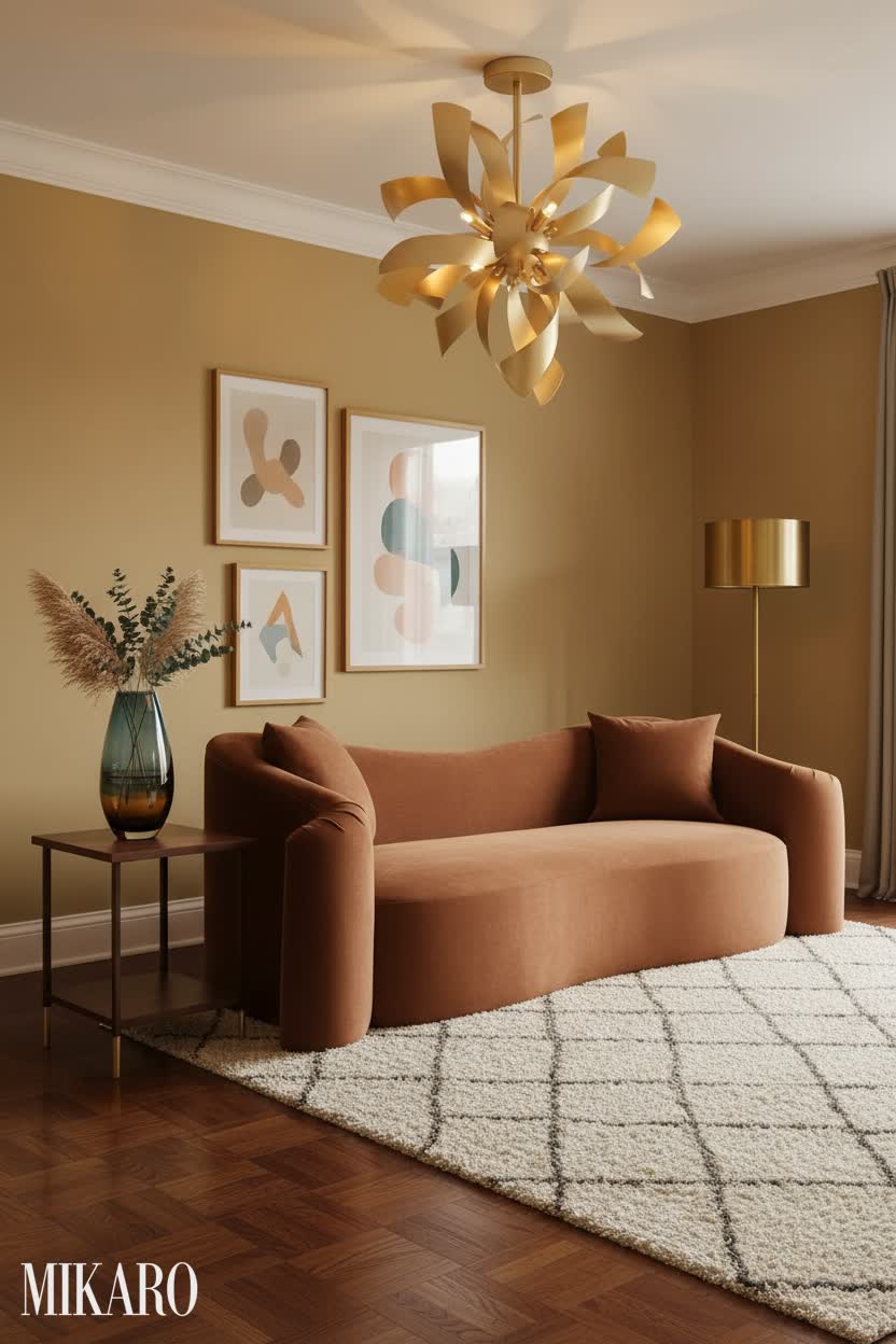 Retro Glam Living Room: Gold Ceiling Light, Velvet Sofa & Chic Vase Combo