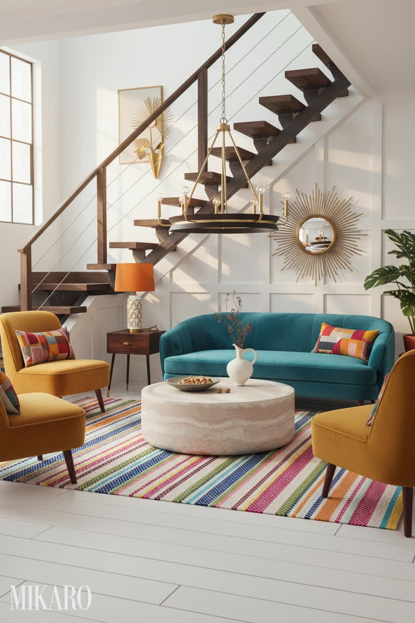 Retro Retreat: Chic Under-Stairs Lounge with Modern Accents