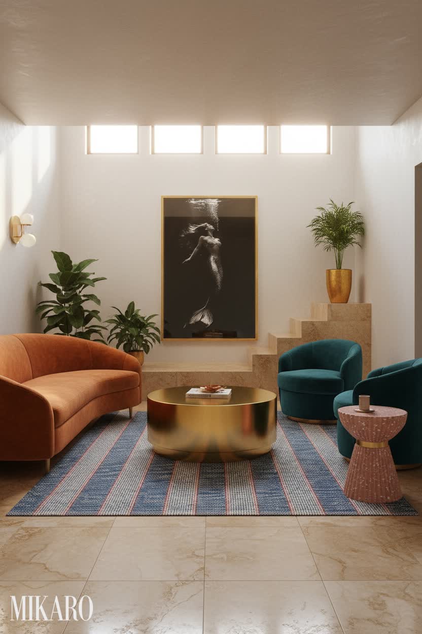 Retro Retreat: Under-Stairs Lounge with Golden Accents