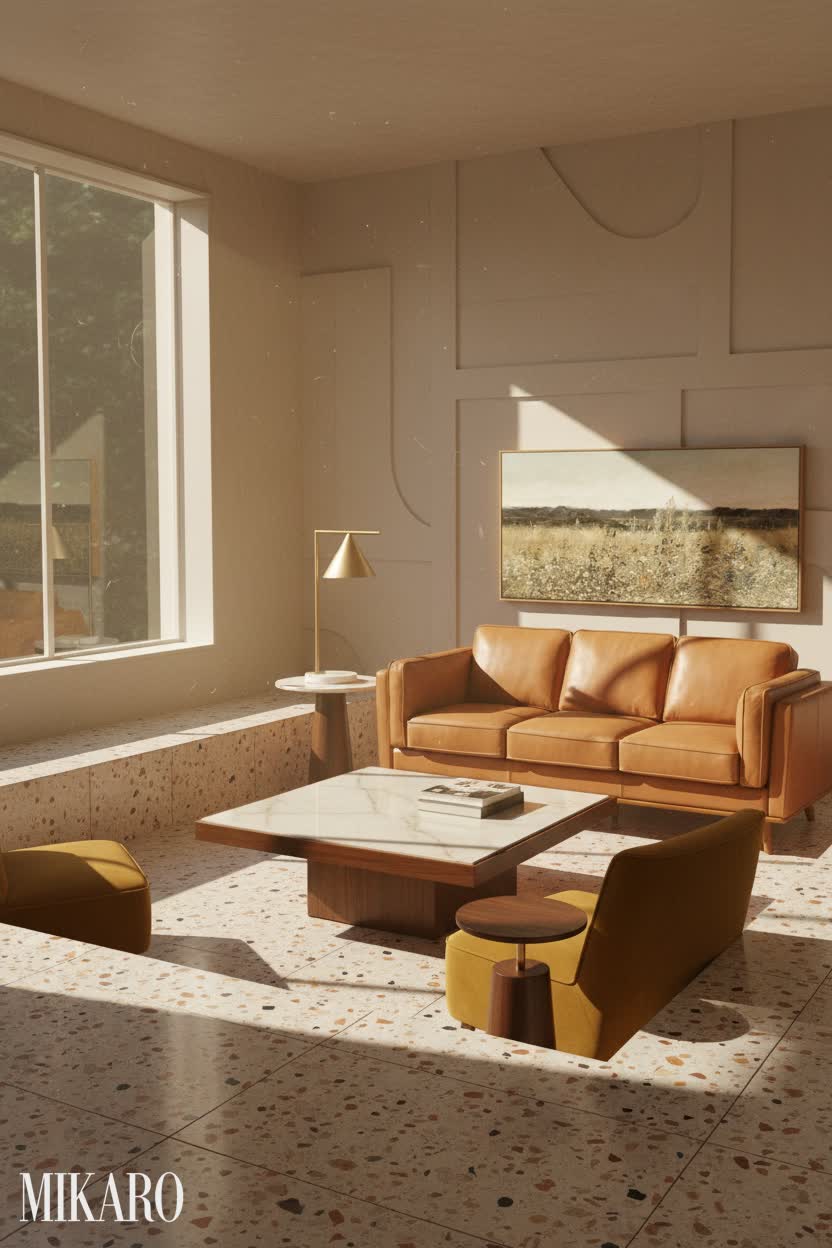 Retro: Sun-Drenched Conversation Pit with Cognac Leather and Wildflower Art