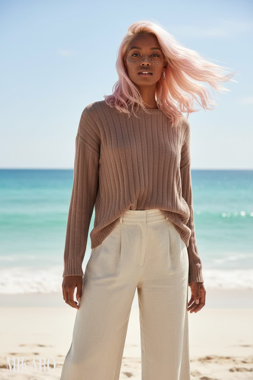 Ribbed Knit Top & Linen Pants Ensemble