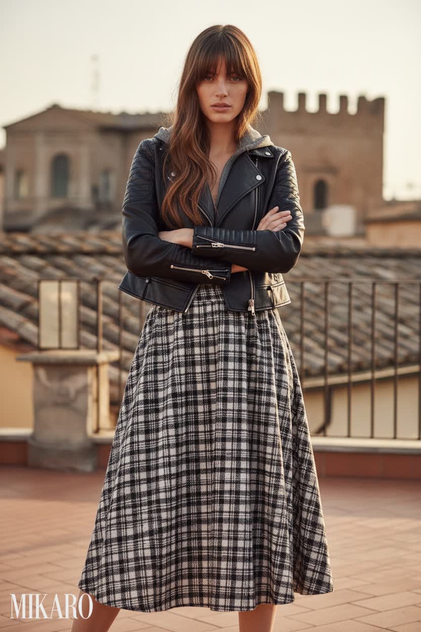 Rooftop Confidence: Plaid & Leather Ensemble
