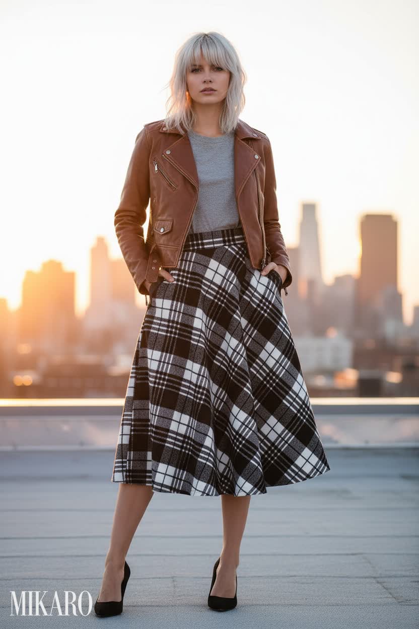 Rooftop Sunset: Plaid Skirt and Leather Jacket Ensemble